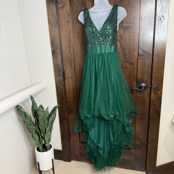 Ever-Pretty Green Sequin Maxi Dress High-Low Vneck Vback US Size 14 prom formal - Picture 2 of 8